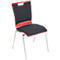 Chaise rouge avec assise et dossier noirs, pieds chromés. Un renfoncement dans la partie supérieure du dossier.