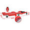 Chariot d'atelier rouge avec roues, informations de poids et de dimensions. Incrustation avec des outils.