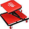 Tabouret d'atelier rouge à roulettes. Un logo KS TOOLS est apposé sur le siège supérieur. La construction métallique noire relie les deux surfaces d'assise.