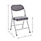 Chaise pliante grise. Dimensions : 79 cm de haut, 53 cm de large, 47 cm de profondeur. Hauteur d'assise 46 cm.