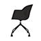 Chaise de bureau gris foncé avec accoudoirs et roulettes, vue latérale. Cadre noir.