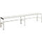 White, long bench with a metal frame. The seat consists of parallel, narrow slats. The bench stands on four legs.