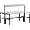Grey park bench with backrest and slatted base. Black frame.