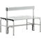 Grey park bench with backrest. The seat consists of horizontal struts, the frame is made of metal.