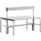 Gray bench with backrest, slatted base and metal frame. The bench is freestanding and detailed.