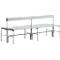 Grey bench with backrest, wooden slats, metal frame. Perspective view.