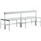 A grey metal bench with slats, backrest and legs reinforced by a crossbar.
