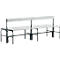 Gray park bench with backrest and gray seat slats. Black metal legs.