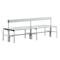 Grey bench with backrest on white background. The bench has a horizontal seating area and the legs are made of metal.