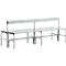 Grey bench with backrest. Metal bench with horizontal slats.