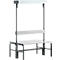 Gray locker bench with steel frame. Crossbars are attached at the top and back.