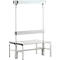 Grey-white wardrobe with seat and clothes rail. The seat is divided by crossbars.