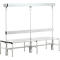 Gray changing room bench with backrest and canopy; metal construction.