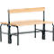Wooden bench with a black frame and backrest. The seat is made of horizontal wooden slats, the backrest of a continuous board.