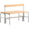 Wooden bench with wooden slatted backrest, gray metal frame.