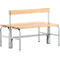 Wooden bench with backrest and metal frame. The seat and backrest consist of light wooden slats, the frame is silver-grey.