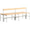 A long wooden bench with backrest on a metal frame.