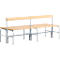 Wooden and metal bench with a backrest. It stands against a light background.