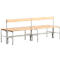 A long wooden bench with a backrest on metal legs. The seat is made of wooden slats, the backrest of a single wooden panel.