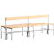 Wooden bench with backrest and metal frame. The seat is made of wooden slats, the backrest of light wood. The frame is silver.