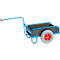 Chariot jouet bleu avec zone de chargement marron. La poignée a une poignée rouge.