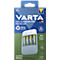 Chargeur avec quatre piles chargées et un emballage avec l'inscription Varta.