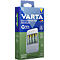 Chargeur de batterie Varta Eco Charger Pro avec quatre piles AAA dans l'emballage. Emballage bleu-vert avec logos et informations sur le produit.