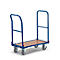 Chariot de transport peint en bleu avec une zone de chargement marron et quatre roues grises.