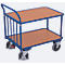 Chariot à barres de poussée, panneau acier/MDF, décor bleu gentiane/hêtre, 2 étagères, L 830 x l 495 mm, avec tubes verticaux, roulettes TPE avec EasySTOP, jusqu'à 400 kg