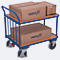 Chariot à barres de poussée, panneau acier/MDF, décor bleu gentiane/hêtre, 2 étagères, L 830 x l 495 mm, montants verticaux, roulettes TPE avec EasySTOP, jusqu'à 400 kg