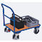 Chariot à barres de poussée, panneau acier/MDF, décor bleu gentiane/hêtre, L 1000 x l 700 mm, avec traverse, roulettes TPE avec EasySTOP, jusqu'à 400 kg