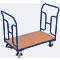 Chariot à double barre de poussée, panneau acier/MDF, décor bleu gentiane/hêtre, L 850 x l 500 mm, avec tubes courbes, roulettes TPE avec EasySTOP, jusqu'à 250 kg
