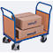 Chariot à double paroi frontale, acier/plaque MDF, décor bleu gentiane/hêtre, L 850 x l 500 mm, parois frontales en plaque MDF, roulettes TPE avec EasySTOP, jusqu'à 400 kg