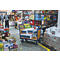 Chariot à double paroi frontale, acier/plaque MDF, décor bleu gentiane/hêtre, L 850 x l 500 mm, parois frontales en plaque MDF, roulettes TPE avec EasySTOP, jusqu'à 400 kg