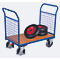Chariot à double paroi frontale, panneau acier/MDF, décor bleu gentiane/hêtre, L 1200 x l 800 mm, parois frontales grillagées, roulettes en TPE avec EasySTOP, jusqu'à 500 kg