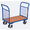 Chariot à double paroi frontale, panneau acier/MDF, décor bleu gentiane/hêtre, L 850 x l 500 mm, parois frontales grillagées, roulettes TPE avec EasySTOP, jusqu'à 400 kg