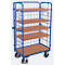 Chariot à étagères grillagées, acier/plaque MDF, décor bleu gentiane/hêtre, 1 étagère, 850 x 500 mm, panneau latéral à accrocher, EasySTOP, jusqu'à 400 kg