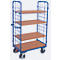 Chariot à plateaux, acier/MDF, décor bleu gentiane/hêtre, 1 plateau, 1200 x 800 mm, 2 panneaux d'extrémité en treillis métallique, EasySTOP, jusqu'à 500 kg