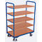 Chariot à plateaux, acier/MDF, décor bleu gentiane/hêtre, 5 plateaux, 1200 x 800 mm, EasySTOP, jusqu'à 250 kg