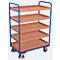 Chariot à plateaux, acier/MDF, décor bleu gentiane/hêtre, 5 plateaux, 965 x 555 mm, EasySTOP, jusqu'à 250 kg