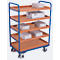 Chariot à plateaux, acier/MDF, décor bleu gentiane/hêtre, 5 plateaux, 965 x 555 mm, EasySTOP, jusqu'à 250 kg
