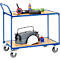 Chariot à plateaux Fetra 2740, 2 plateaux, L 850 x l 500 mm, jusqu'à 300 kg, 2 poignées de poussée, roues pivotantes &amp; fixes, bois &amp; acier, bleu brillant RAL 5007