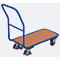 Chariot à revues, panneau acier/MDF, décor bleu gentiane/hêtre, L 890 x l 450 mm, avec traverse, roulettes TPE avec EasySTOP, jusqu'à 200 kg