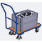 Chariot à revues, panneau acier/MDF, décor bleu gentiane/hêtre, L 890 x l 450 mm, avec traverse, roulettes TPE avec EasySTOP, jusqu'à 200 kg