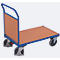 Chariot d'extrémité, acier/plaque MDF, décor bleu gentiane/hêtre, L 1030 x L 700 mm, paroi d'extrémité en plaque MDF, roulettes TPE avec EasySTOP, jusqu'à 500 kg