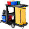 Chariot de nettoyage noir avec seaux, poubelles et sac jaune.