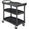Chariot de service noir avec trois étagères et quatre roues.