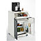 Machine à expresso sur une armoire blanche avec des boissons et des collations dans les compartiments. Réfrigérateur ouvert.