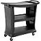 Chariot de service en plastique noir avec trois étagères et roulettes.