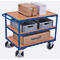 Chariot de table à usage intensif, panneau acier/MDF, décor bleu gentiane/hêtre, 3 plateaux, L 850 x l 500 mm, roulettes TPE avec EasySTOP, jusqu'à 400 kg